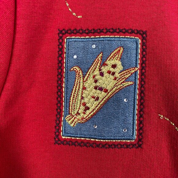 Breckenridge Womans Cardigan Sweater PM Petite Red Embroidered Patchwork Holiday - Picture 6 of 12